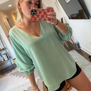 teal deep v blouse